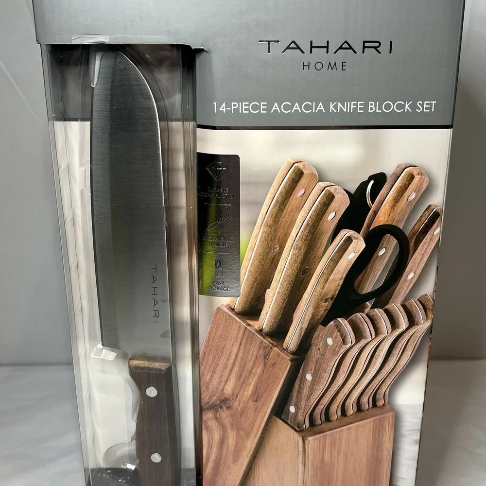 Tahari Home 14 Piece Acacia Wood Knife Block Set Brand New Boxed